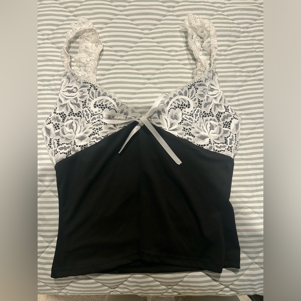Black Camisole Tank with White Lace Trim